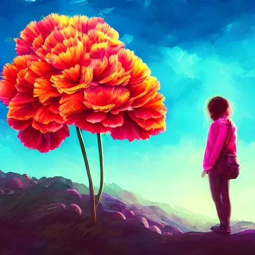 Image similar to giant carnation flower as a head, girl hiking in the mountains, surreal photography, sunrise, dramatic light, impressionist painting, colorful clouds, digital painting, artstation, simon stalenhag