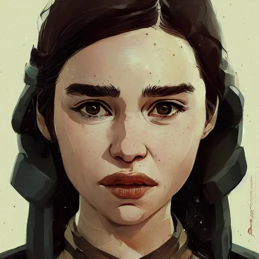 Prompt: Highly detailed portrait of emilia clarke cyberpunk young lady with, freckles and wavy hair by Atey Ghailan, by Loish, by Bryan Lee O'Malley, by Cliff Chiang, by Greg Rutkowski, inspired by image comics, inspired by graphic novel cover art, inspired by nier!! wooden farm color scheme ((farm background)), trending on artstation