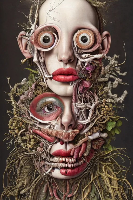 Prompt: Detailed maximalist portrait with large lips and eyes, scared expression, botanical anatomy, skeletal with extra flesh, HD mixed media, 3D collage, highly detailed and intricate, surreal illustration in the style of Jenny Saville, dark art, baroque, centred in image