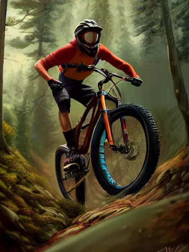 Prompt: handsome man riding a mountain bike in the wild, downhill. intricate, elegant, highly detailed, digital painting, artstation, cinematic shot, concept art, sharp focus, illustration, by justin gerard and artgerm, 8 k