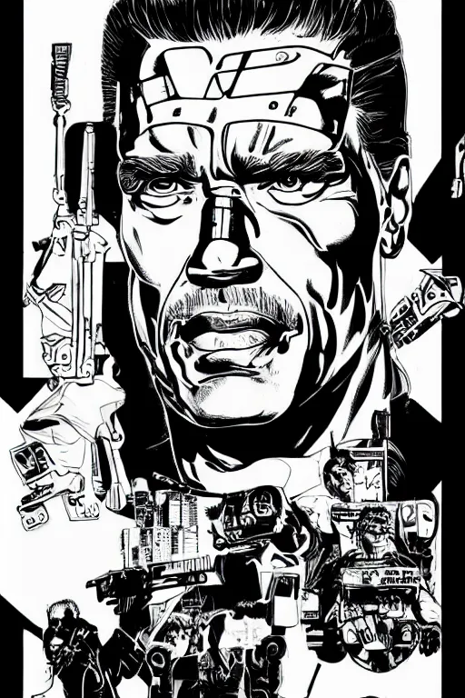 Image similar to arnold schwarzenegger, a page from cyberpunk 2 0 2 0, style of paolo parente, style of mike jackson, adam smasher, johnny silverhand, 1 9 9 0 s comic book style, white background, ink drawing, black and white, colouring pages