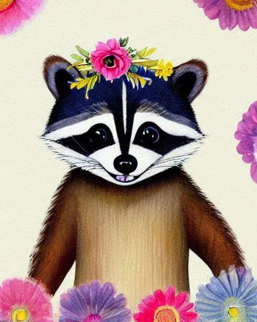 Image similar to a watecolor painting of a smiling happy cute raccoon wearing a flower crown, by antoine de saint - exupery and annabel kidston and naomi okubo and jean - baptiste monge. a child storybook illustration, muted colors, soft colors, low saturation, fine lines, white paper