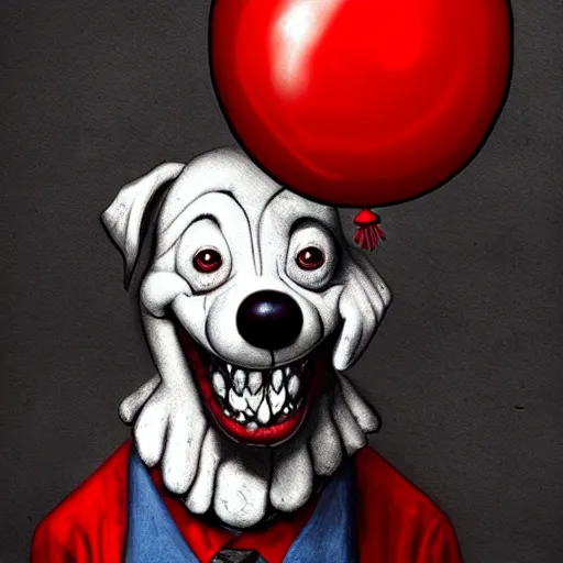 Image similar to surrealism grunge cartoon portrait sketch of a dog with a wide smile and a red balloon by - michael karcz, loony toons style, pennywise style, horror theme, detailed, elegant, intricate