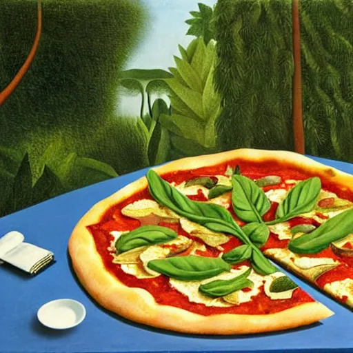 Image similar to A magaritha pizza on a marble table in a garden by Henri Rousseau