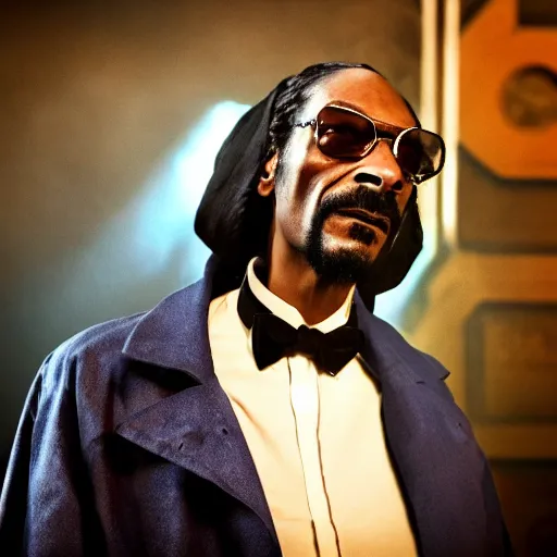 Image similar to snoop dogg as a rough dirty old man with a scruffy beard in a dark blue trenchcoat as the new doctor who, cinematic, volumetric lighting, f 8 aperture, cinematic eastman 5 3 8 4 film, photorealistic