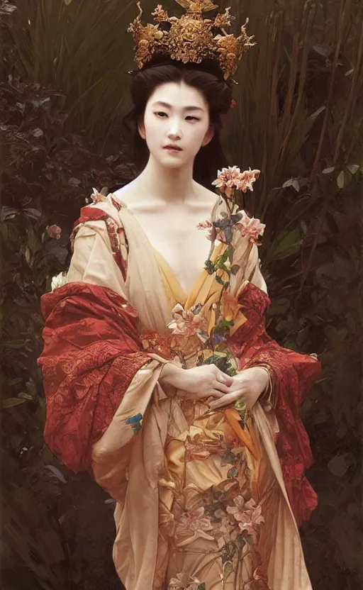 Prompt: a beautiful painting of a crowned japanese princess in a flowing gown, intricate, elegant, highly detailed, digital painting, artstation, concept art, by krenz cushart and artem demura and william adolph bouguereau and alphonse mucha