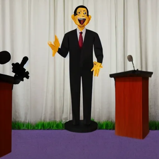 Prompt: one president puppeteer that looks like a marionette in a podium giving a press conference