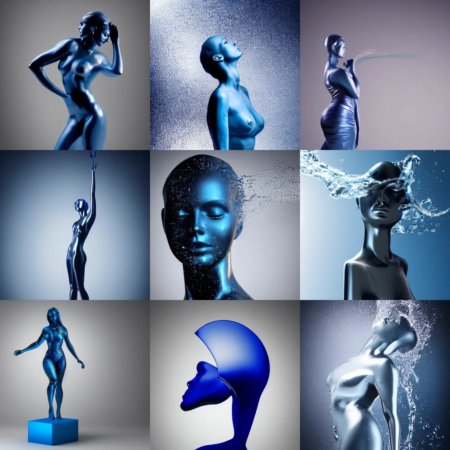 Prompt: perfect statue of a woman, blue, grey anodized aluminium ( desgined by apple ), octane render, in a splash of water, studio photo, studio lights, macro lens