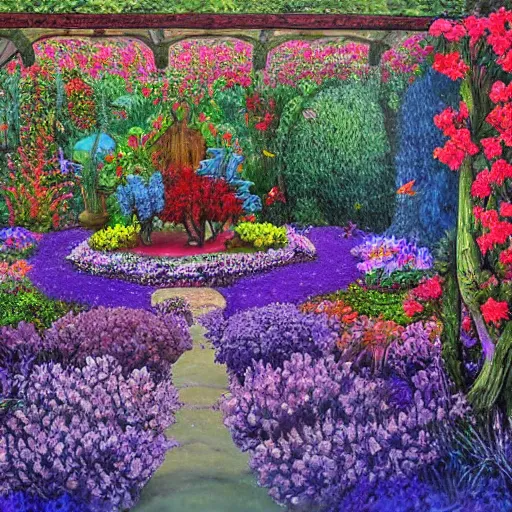 Image similar to a fairytale garden, painted by pablo amaringo