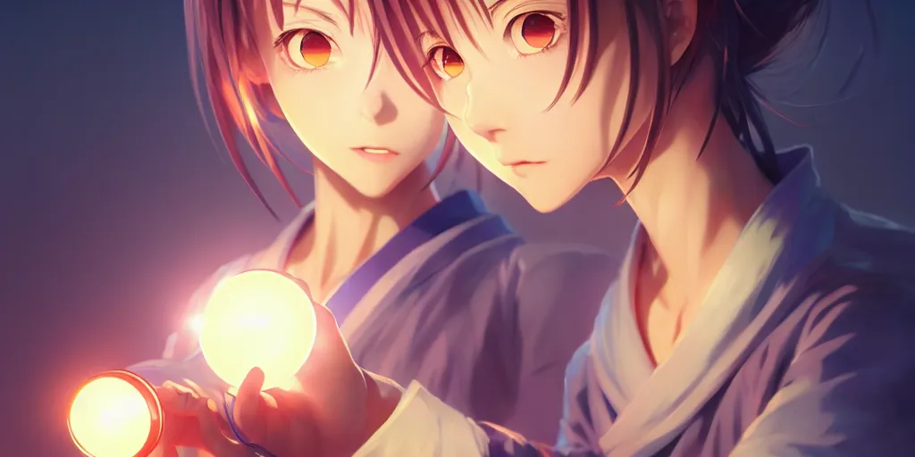 Image similar to beautiful anime girl holding a light source inside her hand, wearing samurai armor, expert high detail concept art, character design, perfect proportions defined faces, vivid colors, photorealistic shaded lighting poster ilya kuvshinov, katsuhiro, makoto shinkai, wlop, loish and clamp style, trending on artstation, best selling artist