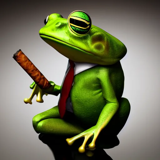 Image similar to a high quality photo of an antropomorphic frog wearing a suit smoking a cigar, 3d scene, render, ultra realistic, artstation, cgsociety