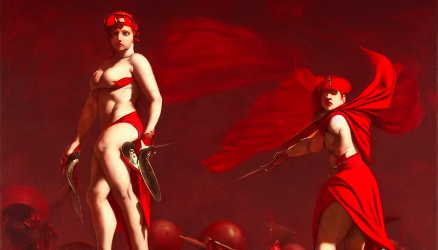 Image similar to only with red, an armored female gladiator in a crowded roman amphitheatre, crowd cheering, in the style of rolf armstrong and ambrosius benson and edward hopper and and rodcenko, intricate and epic composition, red by caravaggio, highly detailed, masterpiece, red light, artstation