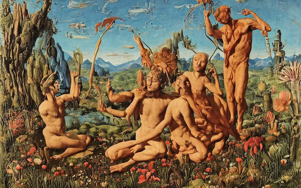 Image similar to a portrait photograph of a meditating satyr and a centaur monk riding a rocket machine and hunting at a river delta. surrounded by bulbous flowers and trees. mountain range under a blue sky of fiery stars. by jan van eyck, max ernst, ernst haeckel, ernst fuchs and artgerm, cgsociety, fashion editorial, 8 k