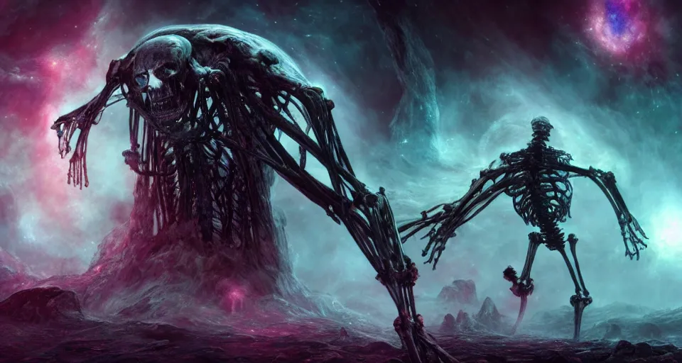 Prompt: a photo of an enormous humanoid skeletal ephemeral!! old god!! lurking in a nebula!!!!, 4 k, unreal engine, concept art, matte painting, cosmic horror!!, nightmare, color accents,