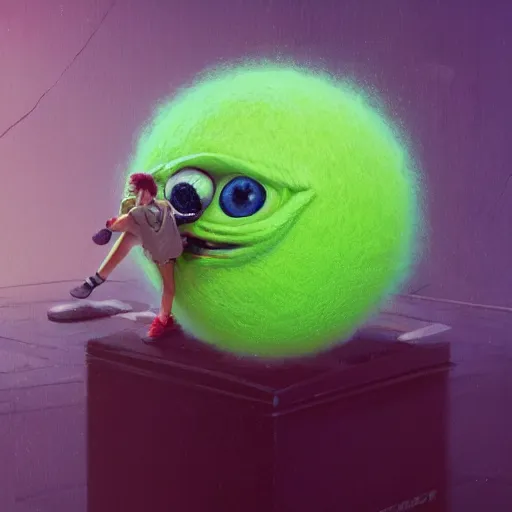 Image similar to highly detailed vfx portrait of a character of a tennis ball monster stephen bliss, chalk, unrealengine, greg rutkowski, loish, rhads, beeple, chalk, makoto shinkai and lois van baarle, ilya kuvshinov, rossdraws, tom bagshaw, basil gogos