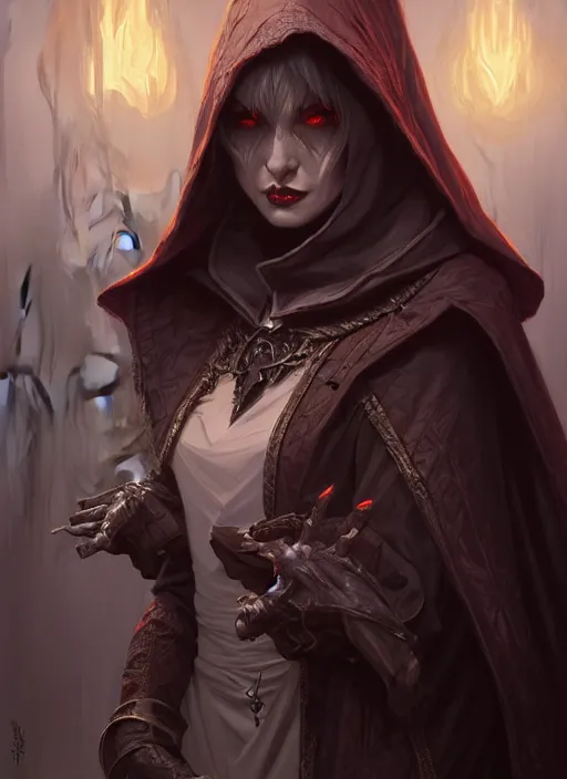 Image similar to hooded vampire cleric, deep focus, d & d, fantasy, intricate, elegant, highly detailed, digital painting, artstation, concept art, matte, sharp focus, illustration, hearthstone, art by artgerm and greg rutkowski and alphonse mucha