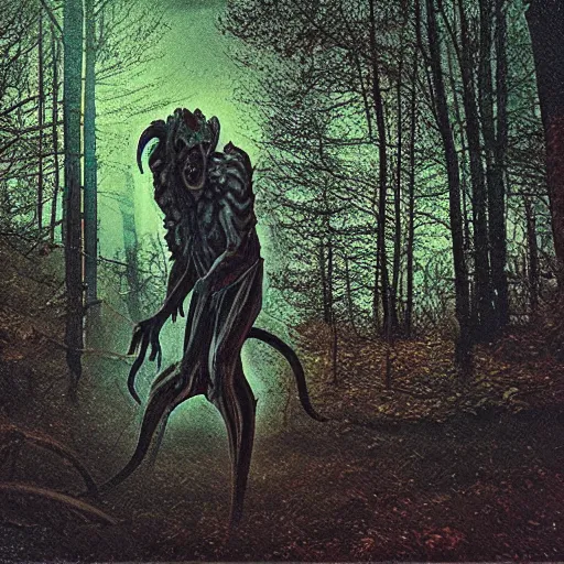 Prompt: a demogorgon spotted in the woods at night, trail cam footage