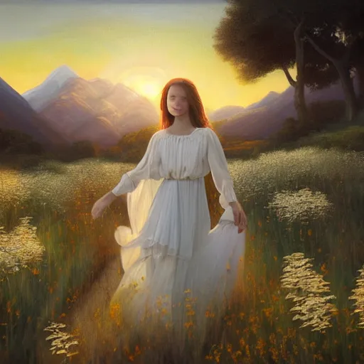 Prompt: oil painting portrait of a family one with long flowing hair in a white dress, dancing through a field of flowers at sunset with mountains in the background, hazy, chiaroscuro, artstation, cinematic, golden hour, digital art painting by diego velasquez and michelangelo hazy atmosphere, flowers, cinematic lighting