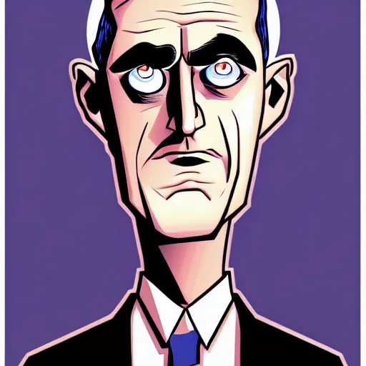 Image similar to solid glowing eyes, digital portrait of secretary of denis mcdonough face with solid glowing eyes, cover art of graphic novel, evil laugh, menacing, Machiavellian puppetmaster, villain, simple style, solid colors, clean lines, clean ink, trending on artstation