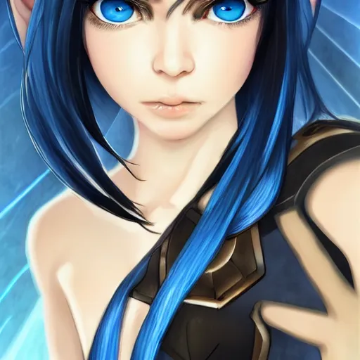 Image similar to young half - elf girl, black shoulder - length hair, blue eyes, cyborg