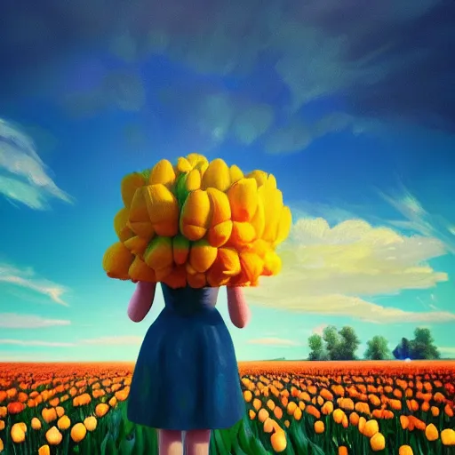 Image similar to girl with a giant tulip head, surreal photography, flower field, sunset dramatic light, impressionist painting, colorful clouds, blue sky, digital painting, artstation, simon stalenhag