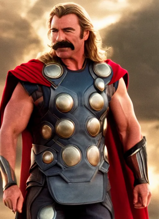 Prompt: film still of tom selleck as thor in thor, 4 k