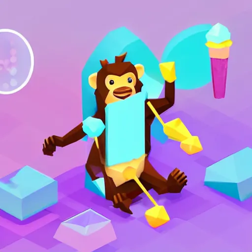 Prompt: a low - poly isometric cute monkey playing with ice - cream, cute art, isometric art