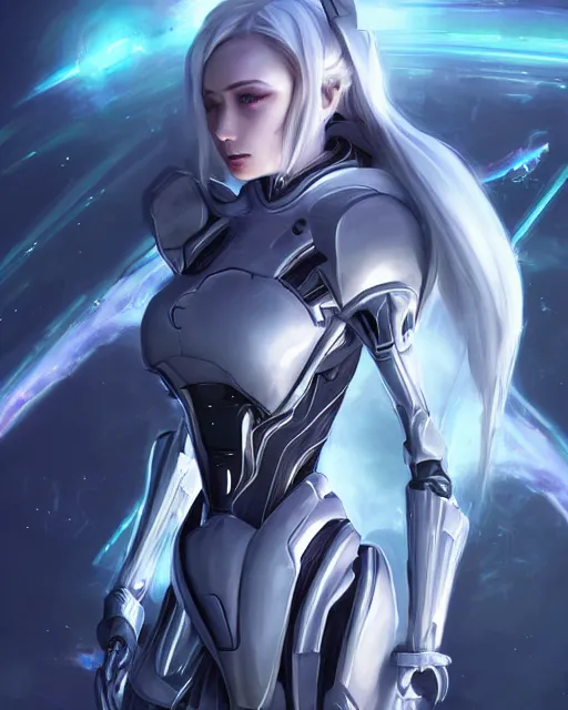 Image similar to perfect android girl on a mothership, warframe armor, beautiful face, scifi, futuristic, galaxy, nebula, raytracing, dreamy, long white hair, blue cyborg eyes, sharp focus, cinematic lighting, highly detailed, artstation, divine, by gauthier leblanc, kazuya takahashi, huifeng huang