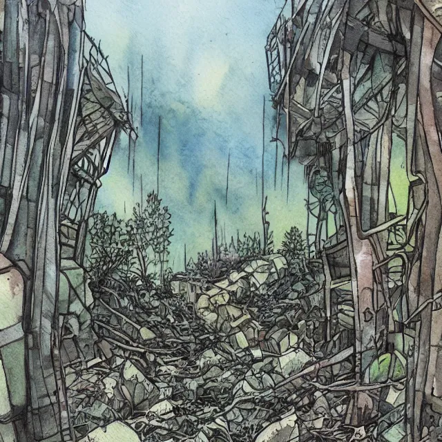 Image similar to a watercolor ink painting of the abandoned and overgrown tunnels of an post-apocalyptic arcology