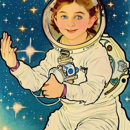 Image similar to a cute little girl with a round cherubic face, blue eyes, and short wavy light brown hair smiles as she floats in space with stars all around her. she is an astronaut, wearing a space suit. beautiful painting with highly detailed face by alphonse mucha and quentin blake