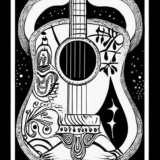 Image similar to black white purple painting on black paper, folkloric illustration , the guitar player , tarot by Andreas Rocha