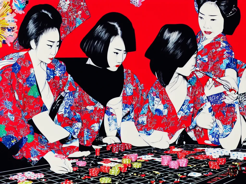 Image similar to hyperrealism composition of the detailed woman in a japanese kimono sitting at an extremely detailed poker table with darth vader, fireworks on the background, pop - art style, jacky tsai style, andy warhol style, acrylic on canvas