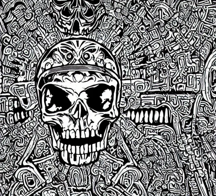 Image similar to mayan temple in form of punisher skull. background jungle