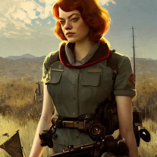 Image similar to Emma Stone as a character in Fallout 4, gorgeous, beautiful, intricate, highly detailed, digital painting, artstation, oppressive lighting, concept art, sharp focus, illustration, art by greg rutkowski and alphonse mucha