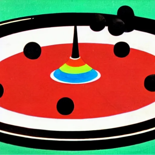 Prompt: 1960s illustration of a centered red and white round peppermint candy as a black hole consuming Candy Land, stunning, high quality