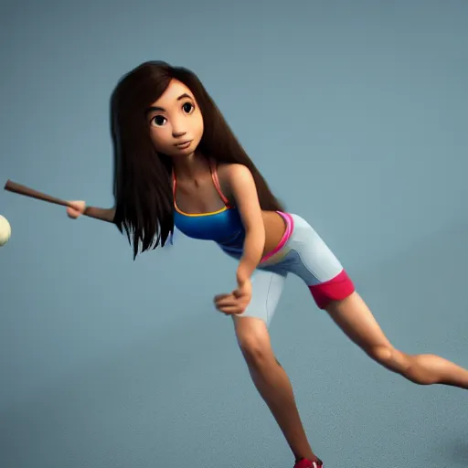 Image similar to young beautiful athletic Filipino woman with long hair posing, depicted as adult Pixar character, high quality cg render, 4k