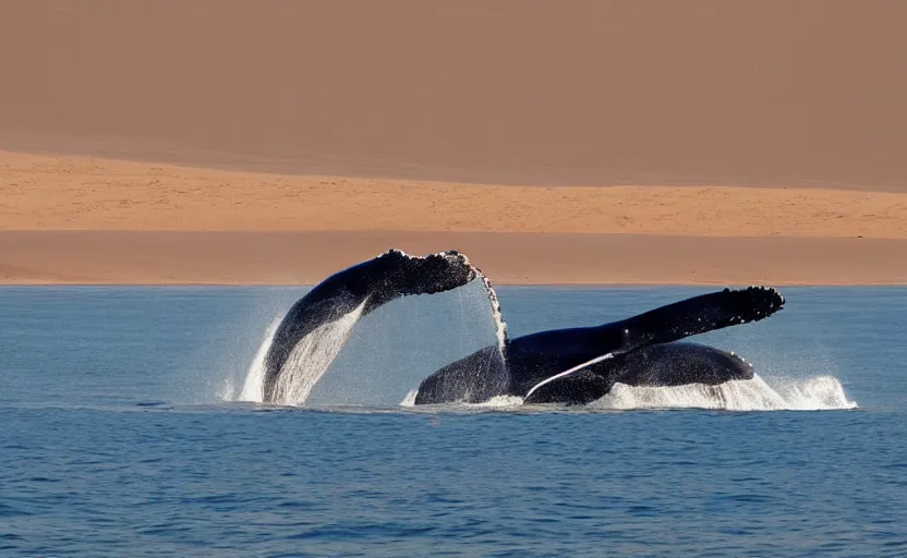 Prompt: whales jumping in sand dunes, photography