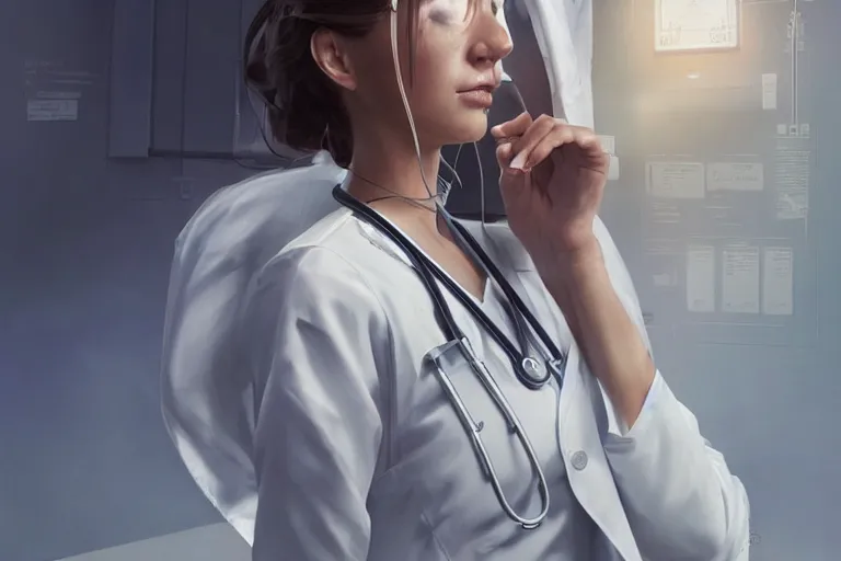 Image similar to a poster of emergency room, an elegant and beautiful female doctor in a white coat in a hospital ward, cinematic, highly detailed, digital painting, artstation, concept art, matte, sharp focus, illustration, art by artgerm and greg rutkowski