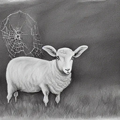 Prompt: a beautiful painting the sheep included a spider web, hyper realistic, one line, grey scale