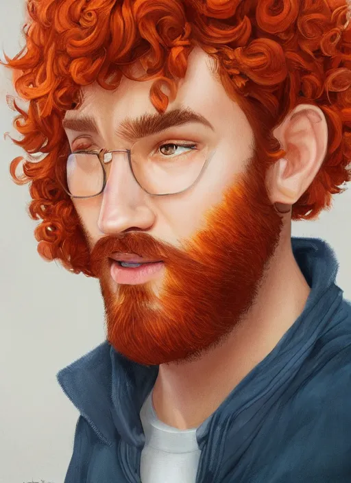 Image similar to illustration of a short curly orange hair man with sparse beard as a portrait, smooth, reflects, masterpiece artwork, ultra detailed, artgerm, style by pixar 2 0 2 2, digital art, trending on artstation, behance, deviantart