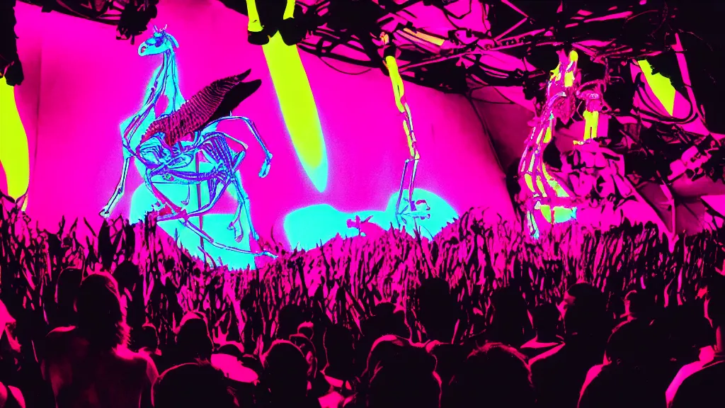 Prompt: a concert of the Voidz and Julian Casablancas on the moon, all the members of the band are making dramatic poses, while people go crazy listening to their songs, the stage is decorated in a psychedelic style inspired by the eighties and you can see behind the stage a part of the pink skeleton of a llama, professional photography, 17mm, cinematic photography, photography by Todd Owyoung, high resolution 4k