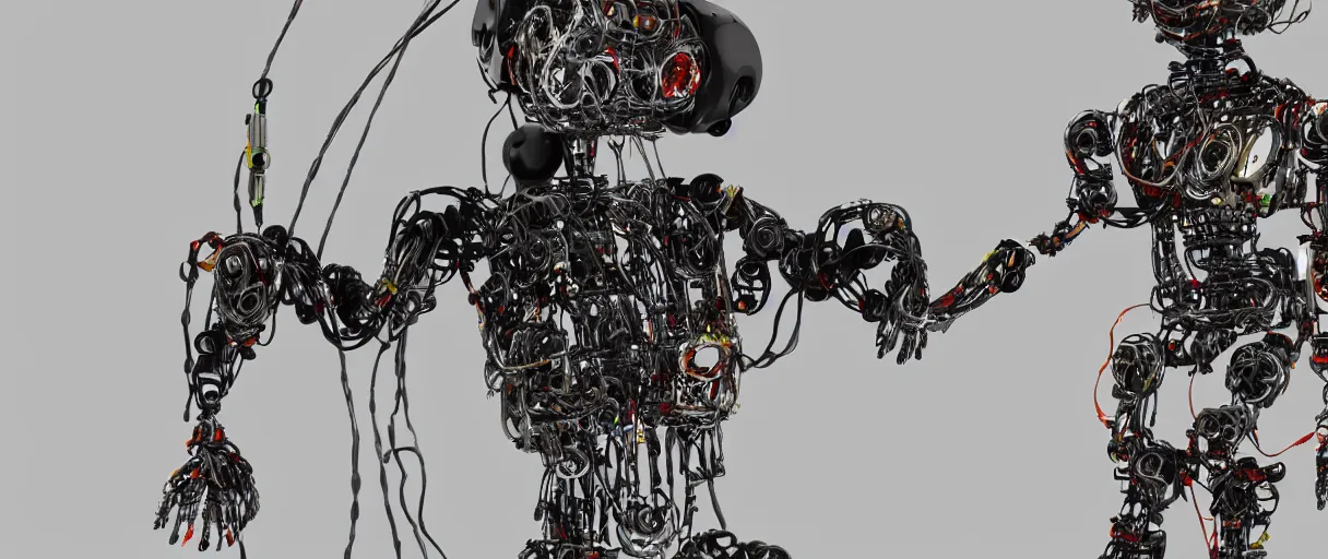 Prompt: detailed, photorealistic degenerate robot ,full body, worn and torn, cables, worker