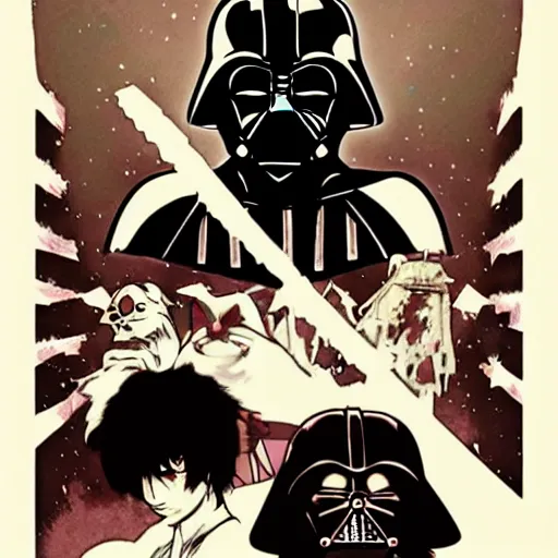 Prompt: princess mononoke art style, darth vader in a space ship