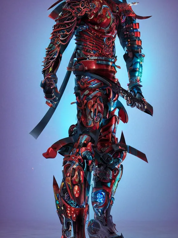 Prompt: full body front view portrait of natural, bio - mechanical ninja samurai, character design, correct anatomy, made in blender, octane render, ray tracing, ultra detailed, fantasy, neon lighting, intricate and highly detailed, coloured with lots of colour, pose, fantasy, sharp focus,