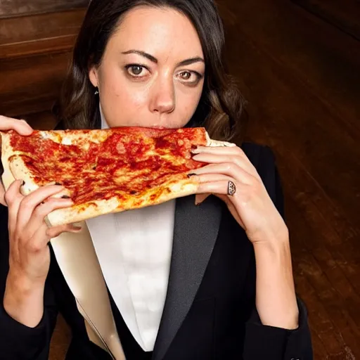 Prompt: Aubrey Plaza dressed in gorgeous tailored black suit eating a slice of pizza. Photo-realistic HD. 32K. DoP