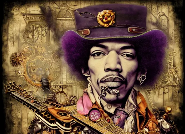 Prompt: steampunk jimi hendrix, lowbrow, matte painting, 3 - d highly detailed, in the style of mark ryden,