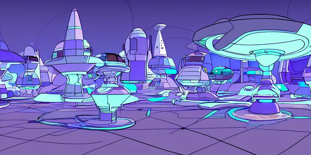 Image similar to futuristic space port in the style of the jetsons cartoon, retro line art, path traced