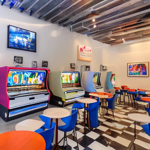 Prompt: photo of the outside of white cafe interior with arcade machines on one side and tables on the other, 8 0 s art on the tall white walls, wide angle shot 4 k hdr