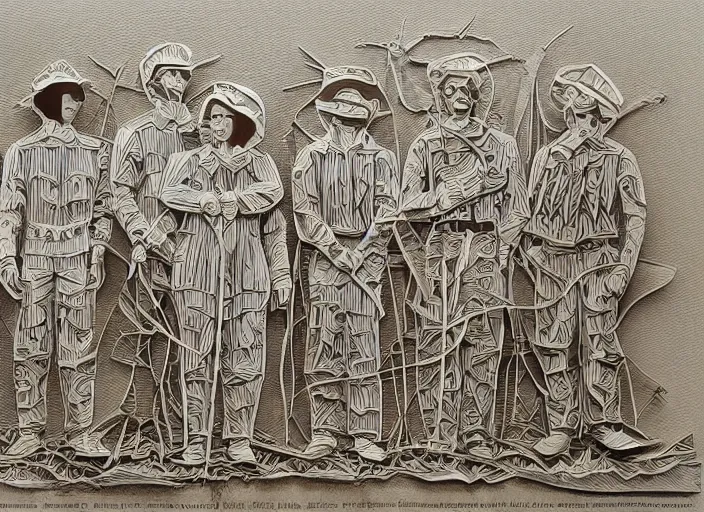 Prompt: intricate cut paper sculpture of mormon pioneers