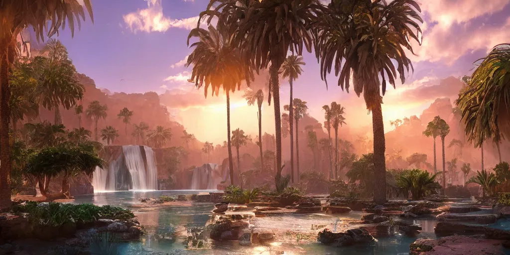 Image similar to beautiful oasis waterfalls surrounded by palm trees moroccan tile archways, date trees, ivory towers sunset peter morbacher ross tran angelarium greg rutkowski alchemy luxury heavenly light soft illumination, trending on artstation cinematic lighting digital painting octane render, artgerm